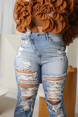 CROSSOVER HIGH WAIST DISTRESSED JEANS